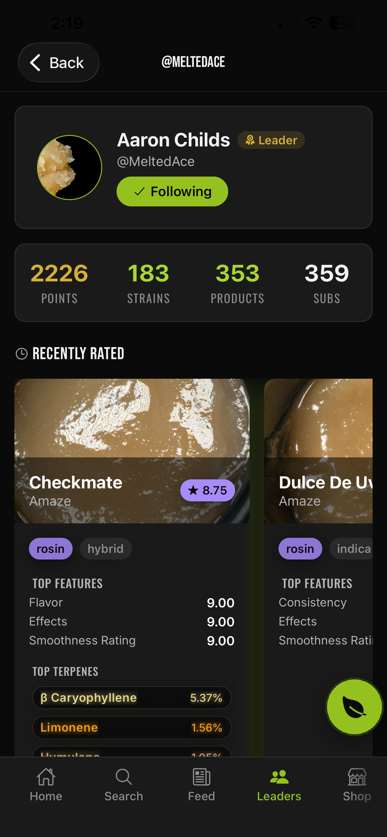 Cult Leader profile with a following button and recently rated products