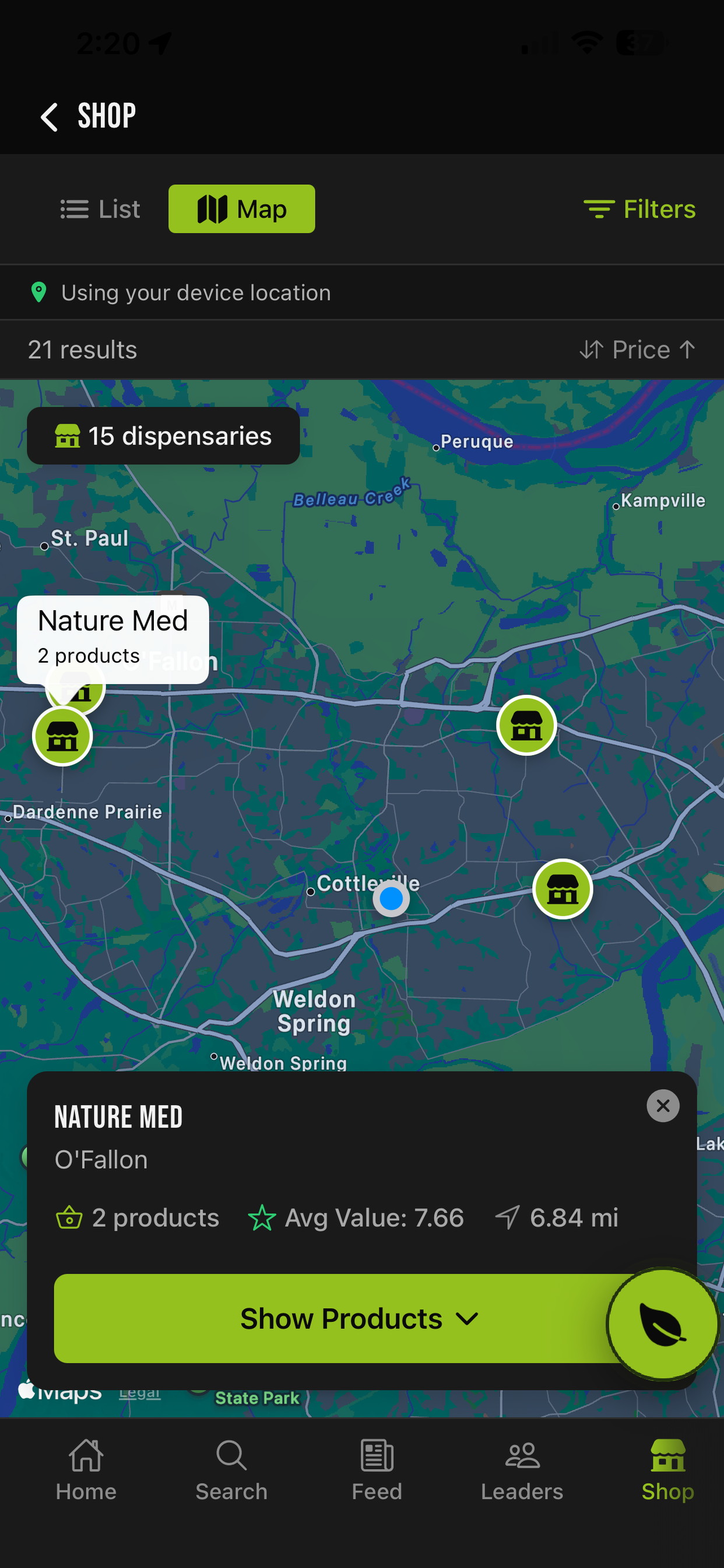 Shop map showing nearby dispensaries and product availability
