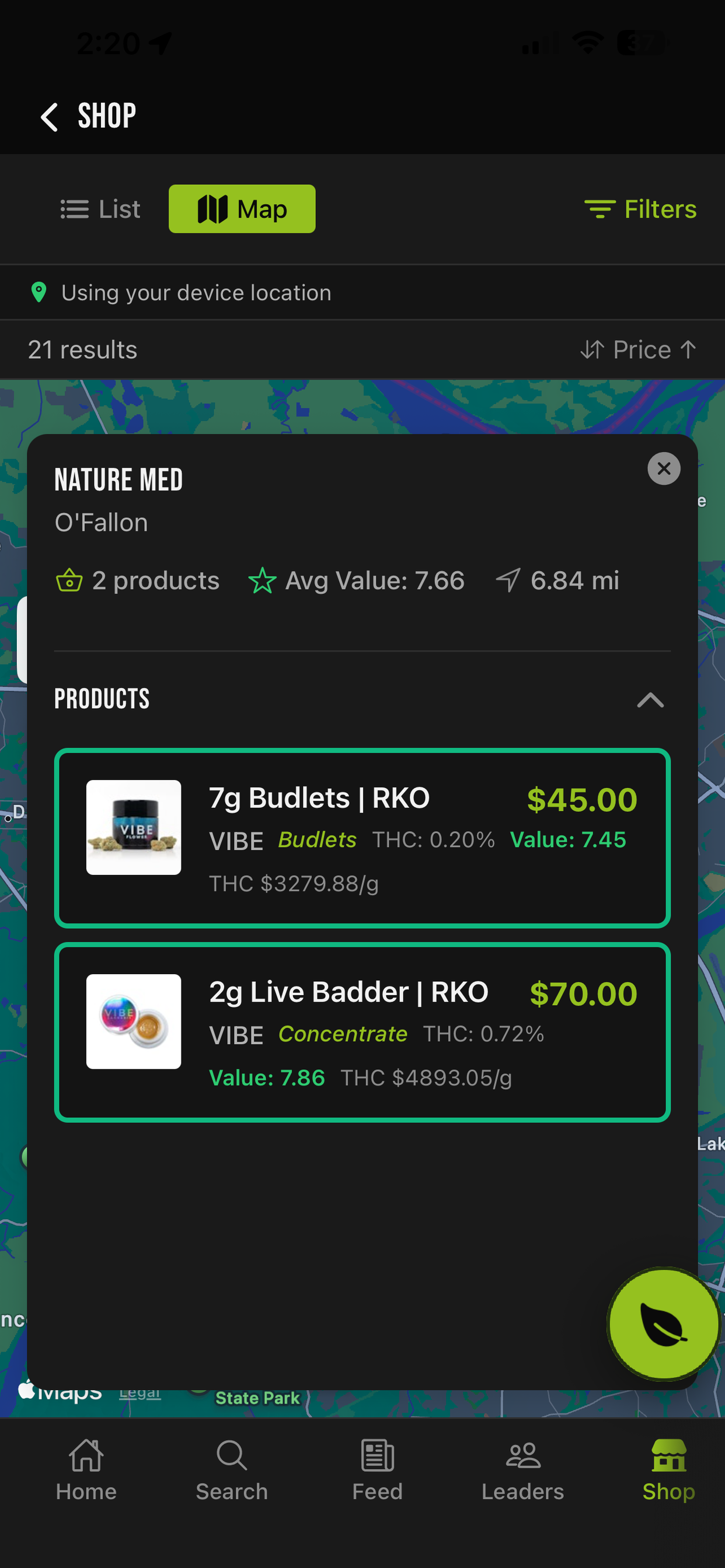 Dispensary product listings showing prices, value scores, and distance