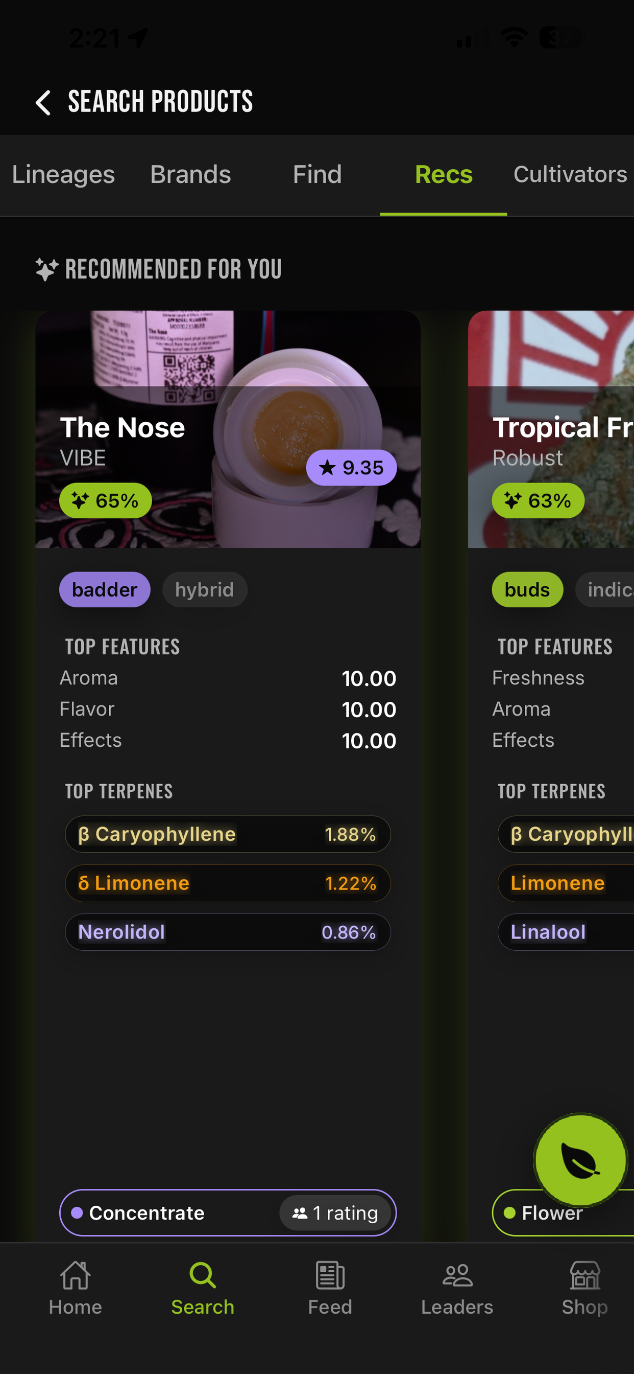 Personalized recommendations with product ratings, top features, and terpene profiles