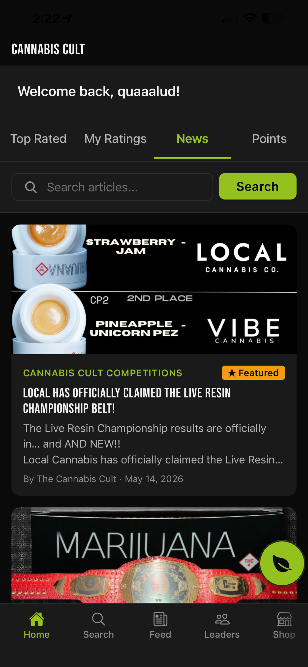 Cannabis Cult news feed featuring competition results