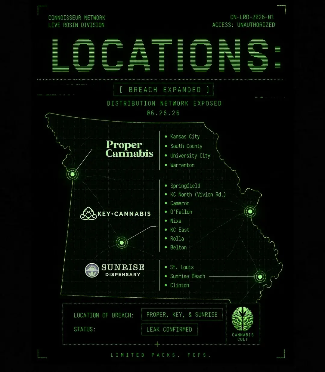 2026 Live Rosin Championship distribution network across Missouri — available at Proper Cannabis, Key Cannabis, and Sunrise Dispensary locations. Limited packs, first come first served.